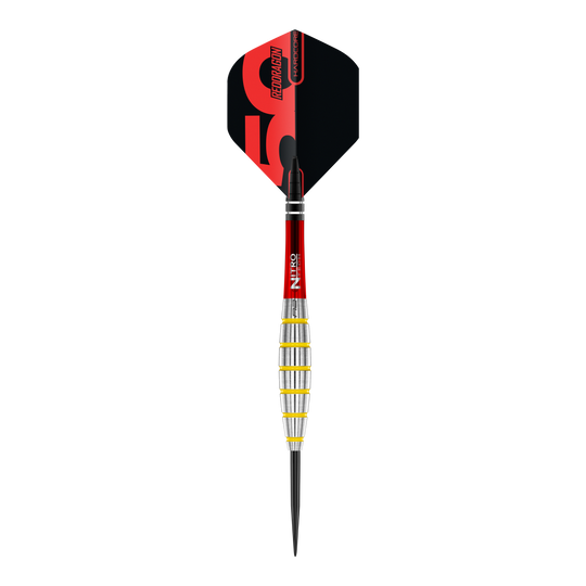 Dies ist ein Steeldart aus der "Red Dragon 50 Year Collection" namens Chunky Stumpy 3 mit einem Gewicht von 24g. Der Dart hat ein auffälliges Design in Rot, Schwarz und Silber.