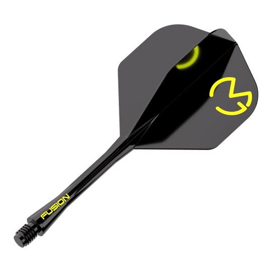 System wału napędowego Winmau Fusion Michael Van Gerwen Pacman No2 Standard Das Bild zeigt das Winmau Fusion Flight-Shaft-System Michael Van Gerwen Pacman No2 Standard. Es ist schwarz mit gelben Akzenten und dem Logo auf dem Flight.