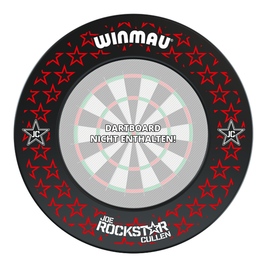 Dies ist die Winmau Joe Cullen Dartboard Surround mit roten Sternen und schwarzem Hintergrund. In der Mitte steht: "Dartboard nicht enthalten!"