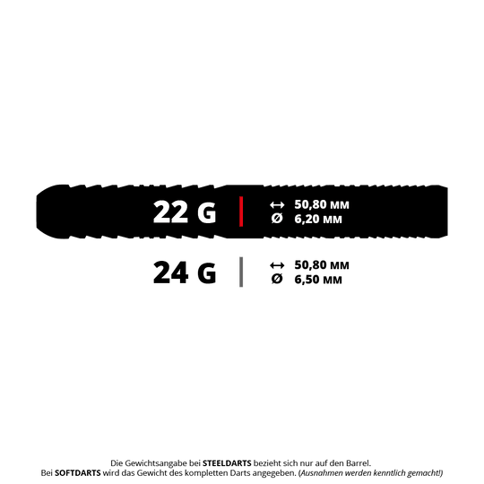 Red Dragon Seren 1 Czyste Steeldarts Das Bild zeigt zwei verschiedene Gewichte für Darts: 22 g und 24 g. Beide haben eine Länge von 50,80 mm, aber unterschiedliche Durchmesser: 6,20 mm und 6,50 mm.
