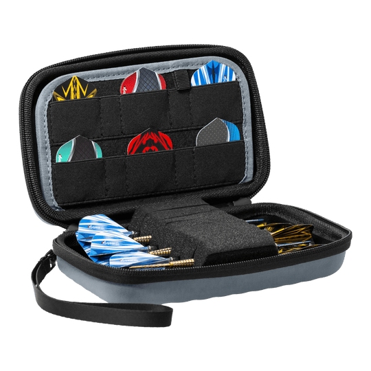 Etui na lotki Bulls Orbis XL – szare Das Bild zeigt das Bulls Orbis XL Dartcase in der Farbe Grau. Dieses Etui bietet viel Platz für Dartzubehör.