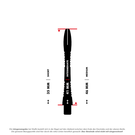 Das Bild zeigt einen Vergleich der Längen von Dartshafts, wobei die mittlere Größe (Intermediate) mit 41 mm hervorgehoben ist. Die anderen beiden aufgeführten Längen sind 35 mm (Short) und 46 mm (Medium).
