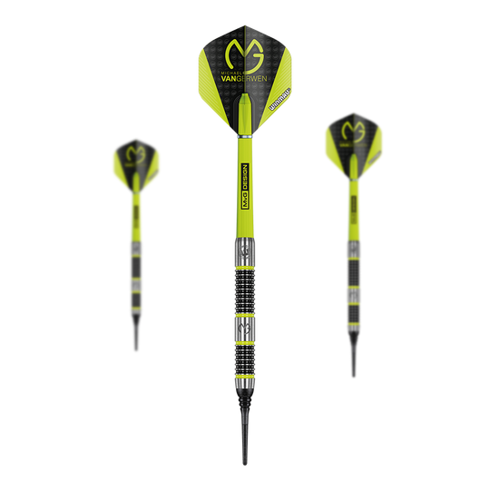 Miękkie rzutki Winmau Michael Van Gerwen MvG Aspire - 20 g Das Bild zeigt drei gelb-schwarze Softdarts der Marke Winmau Michael Van Gerwen MvG Aspire mit einem Gewicht von 20 Gramm. Auf den Flights ist das MvG-Logo gut sichtbar.
