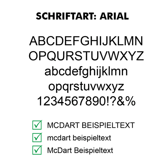 Flightdruck-Schriftart-ArialpJdFk5fkRASvH Das Bild zeigt das Produkt "10 Satz Bedruckte Flights 2-Seitig - Wunschtext - MDX Standard". Unten werden drei Vorteile mit grünen Häkchen aufgelistet: beidseitig bedruckt, persönlicher Wunschtext und schnelle Lieferung.