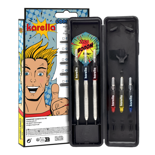 Hier sind die Karella Comic Line CL-2 Steeldarts mit einem Gewicht von 23g abgebildet. Die Darts sind speziell für den Einsatz im Wettkampf gedacht.