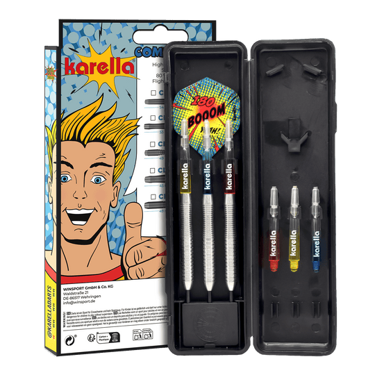 Karella Comic Line CL-2 stalowe lotki - 23g Hier sind die Karella Comic Line CL-2 Steeldarts mit einem Gewicht von 23g abgebildet. Die Darts sind speziell für den Einsatz im Wettkampf gedacht.