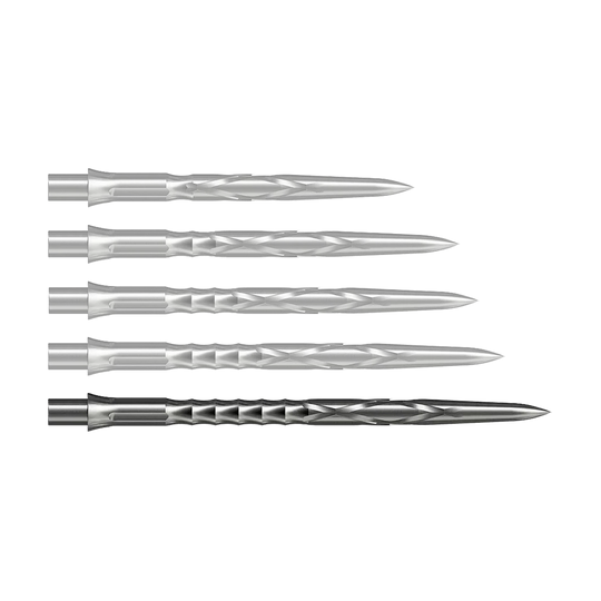 Zu sehen ist eine silberne Caliburn Evo System Steeldartspitze, 40mm lang. Dieses Produkt ist robust und für Dartspiele gedacht.