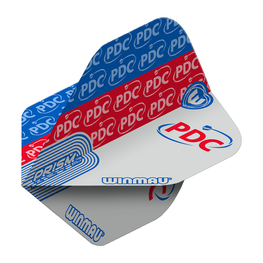 Das Bild zeigt ein Dartflight mit den Farben Blau, Rot und Weiß sowie dem PDC-Logo. Auf dem Flight stehen außerdem die Wörter "Winmau" und "Prism Zeta".