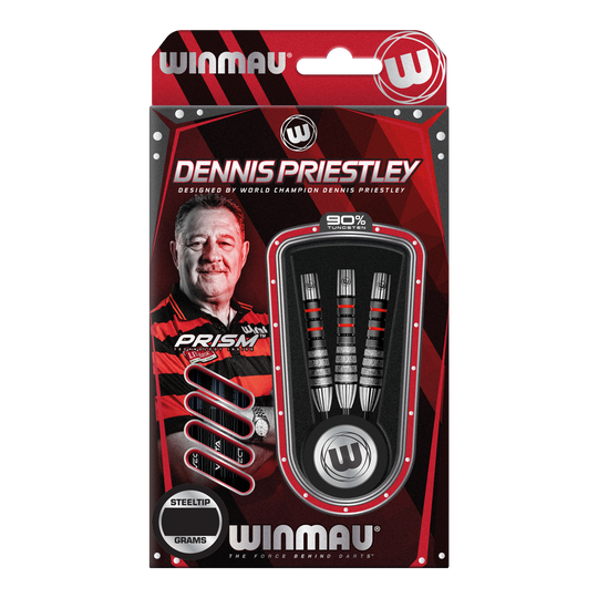 Stalowe lotki Winmau Dennis Priestley Diamond 3-Zero Das Bild zeigt die Verpackung der Winmau Dennis Priestley Diamond 3-Zero Steeldarts. In der Packung sind drei hochwertige Steeldarts aus 90% Tungsten zu sehen.
