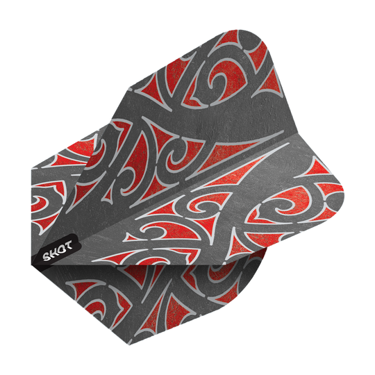 Das Bild zeigt ein Dartflight-Produkt namens "Shot Warrior Awe No6 Flights". Das Flight hat ein graues Design mit roten und weißen Tribalmustern.
