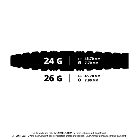 Rzutki stalowe Red Dragon Paradym Torpedo Das Bild zeigt die Spezifikationen von Steeldarts mit den Gewichten 24 g und 26 g. Die Länge beträgt jeweils 45,70 mm, der Durchmesser beträgt 7,70 mm für 24 g und 7,90 mm für 26 g.