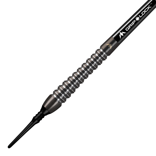 Das Bild zeigt einen Mission Spiro Model 2 Softdart mit einem Gewicht von 19g. Der Dart hat ein geriffeltes, silbernes Griffstück und eine schwarze Spitze.