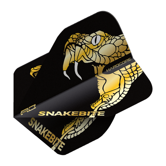 TF6837_Red_Dragon_Hardcore_Premium_Peter_Wright_Snakebite_Gold_Snake_Standard_Flights_215XbUEgqVHT3P Das Bild zeigt ein Dart-Flight mit einem goldenen Schlangenmotiv auf schwarzem Hintergrund. Auf dem Flight steht der Schriftzug "SNAKEBITE" in goldenen Buchstaben.