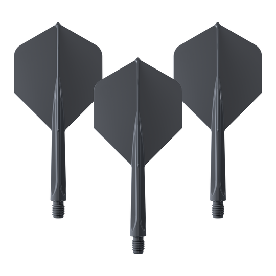 Das Bild zeigt drei schwarze Dartflights mit integriertem Schaft in mittlerer Größe. Es handelt sich um das Produkt "Unicorn Forge All In One Plus No2 Standard Flights Schwarz - Medium".