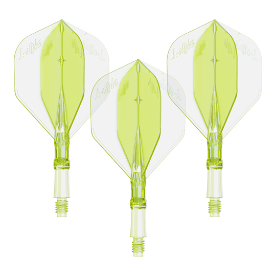 Das Bild zeigt ein Set von Flights für Dartpfeile in Neon-Gelb, kleine Größe. Geeignet für das L-Style L-System.