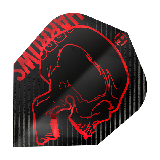 Loty Harrows Rage Red nr 6 Das Bild zeigt ein Dartflight mit dem Namen "Harrows Rage Red No6 Flights". Das Flight ist schwarz mit roten Streifen und einem roten Totenkopf-Design.