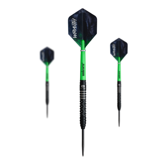 Auf dem Bild sind die Unicorn Wraith Cameron Menzies Steeldarts - 23g zu erkennen. Es handelt sich um ein Set mit Steeldarts in silberner Farbe.