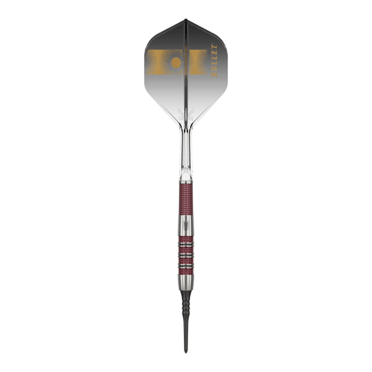 Target Stephen Bunting 95K Miękkie lotki - 19g Das Bild zeigt einen Target Stephen Bunting 95K Softdart mit einem Gewicht von 19 Gramm. Der Dart hat ein elegantes schwarzes und silbernes Design mit roten Griffbereichen und einer schwarzen Flight mit goldenen Akzenten.