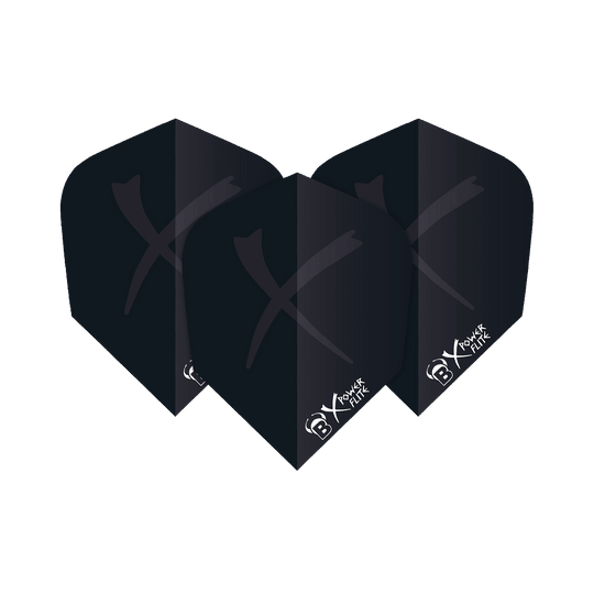 Das Bild zeigt drei schwarze Dart-Flights mit dem Namen "Bulls X Power Schwarz No6 Flights". Auf jedem Flight ist ein großes X und ein kleines Logo unten rechts abgebildet.
