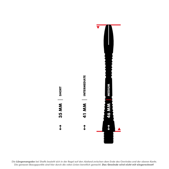 Das Bild zeigt drei verschiedene Längen von Dart-Schäften: 35 mm (Short), 41 mm (Intermediate) und 46 mm (Medium). Die Längenangabe bezieht sich auf den Abstand zwischen dem Ende des Gewindes und der oberen Kante, das Gewinde wird nicht mit eingerechnet.