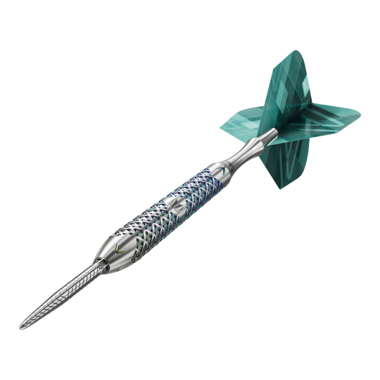 Das Bild zeigt den Target Rove 03 Swiss Point Steeldart. Der Dart hat einen silbernen, strukturierten Schaft und grüne Flights.