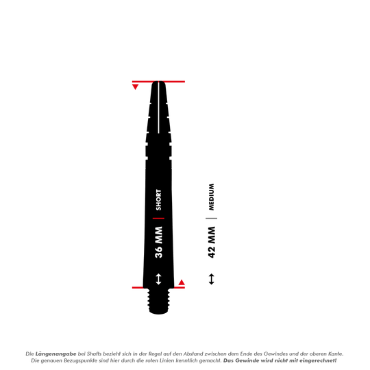 RDS440_Red_Dragon_Nitrotech_Shafts_5_36mmx4M2c7COog49e Das Bild zeigt zwei schwarze Red Dragon Nitrotech Peter Wright Shafts. Einer ist 36 mm (short), der andere ist 42 mm (medium) lang.