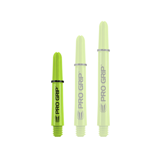 Uchwyty Target Pro Grip - 3 zestawy - limonkowy Das Bild zeigt drei limegrüne Pro Grip Shafts in unterschiedlicher Länge. Auf jedem Schaft steht gut sichtbar der Schriftzug "PRO GRIP".