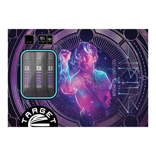 Lotki stalowe Target Japan Prime Series Sirius GEN4 Swiss Point Die Abbildung zeigt die Verpackung der "Target Japan Prime Series Sirius GEN4 Swiss Point Steeldarts". Auf dem Cover ist ein farbenfrohes, futuristisches Design mit einer Person und drei Darts zu sehen.