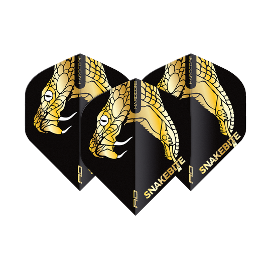 TF6837_Red_Dragon_Hardcore_Premium_Peter_Wright_Snakebite_Gold_Snake_Standard_Flights_1gNJjrSuf2frlq Das Bild zeigt drei schwarze Dart-Flights mit einem goldenen Schlangenkopf-Design. Auf den Flights steht das Wort "SNAKEBITE" in goldenen Buchstaben.