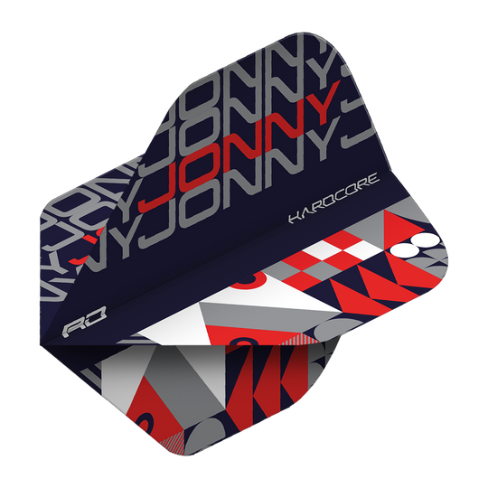 Das Bild zeigt ein Dart-Flight mit dem Aufdruck "JONNY" in Grau und Rot. Das Design ist modern mit geometrischen Mustern in Schwarz, Grau, Rot und Weiß gehalten.