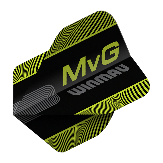 Winmau Prism Delta MvG Czarno-zielony tekst nr 2 Standardowe loty Abgebildet sind die Winmau Prism Delta MvG Black Green Text No2 Standard Flights. Diese Dart-Flights haben ein schwarzes und grünes Farbmuster mit Schriftzug.