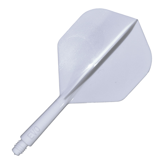 Das Bild zeigt das Evolution EVO1 Flight-Shaft-System in Weiß. Es handelt sich um ein Zubehör für Darts, das aus einem weißen Schaftsystem besteht.