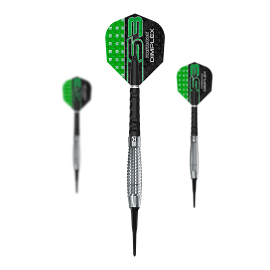Miękkie lotki Harrows Dimplex S3 Bomb Das Bild zeigt drei Harrows Dimplex S3 Bomb Softdarts mit grün-schwarzen Flights. Die Dartpfeile haben silberne Griffbereiche und schwarze Spitzen.