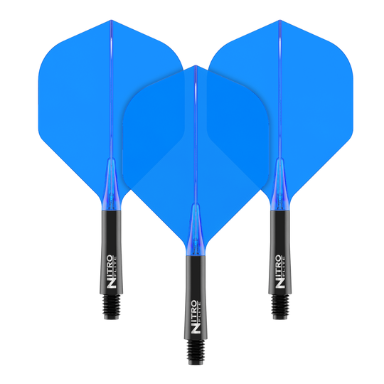 Red Dragon Nitroflite - Czarny trzonek niebieski nr 2 Loty Das Bild zeigt drei blaue Dart-Flights mit schwarzen Schäften. Auf den Schäften steht der Schriftzug "Nitro Flite".