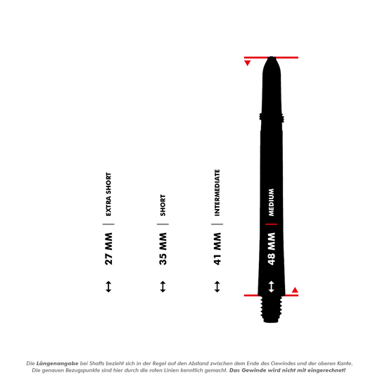 C175_Red_Dragon_Crossfire_Carbon_Fibre_Shafts_5_48mm Das Bild zeigt die RedDragon Crossfire Carbon Fibre Shafts in vier verschiedenen Längen: 27 mm, 35 mm, 41 mm und 48 mm. Jede Länge ist mit einer Bezeichnung wie Extra Short, Short, Intermediate und Medium versehen.