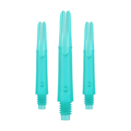Wałki L-Style z blokadą prostą - Emerald Das Bild zeigt drei türkisfarbene Dartshafts aus Kunststoff in einer Reihe. Sie haben ein gerades Design und sind unten mit einem Gewinde versehen.