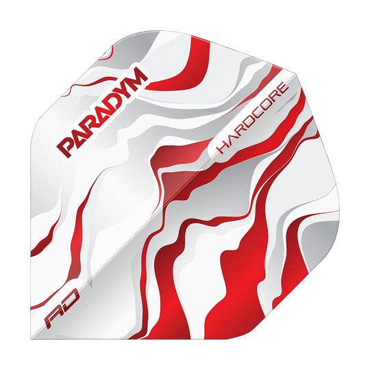 Abgebildet sind die Red Dragon Hardcore Premium Paradym Red Premium No2 Standard Flights. Diese Flights sind in Standardform und in einer roten Premium-Ausführung gestaltet.