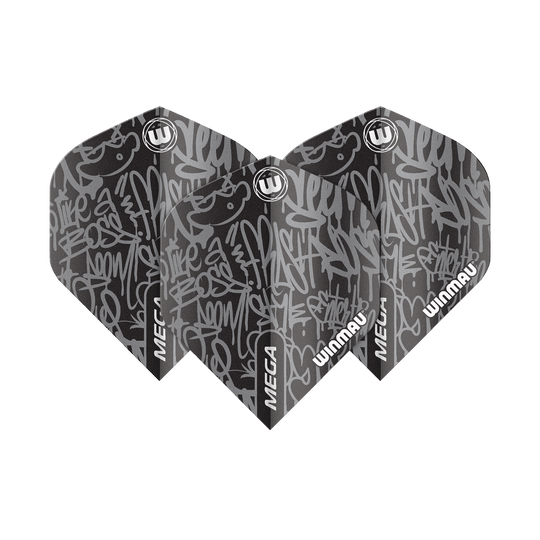 6900-244_Winmau_Mega_Black_Standard_Flights_1je56KLPgBar2G Das Bild zeigt die Winmau Mega Black Standard Flights mit einem modernen, schwarzen Graffiti-Design. Auf den Flights sind die Worte "MEGA" und "WINMAU" in Weiß zu sehen.