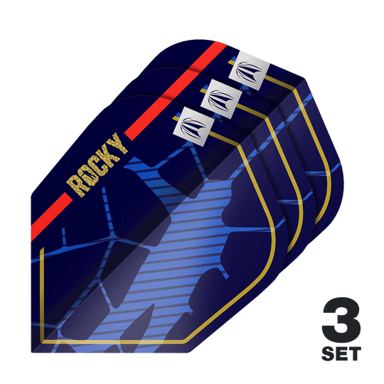 Target Pro Ultra Josh Rock GEN1 No6 Lotki - 3 zestawy Das Bild zeigt drei Sätze der Target Pro Ultra Josh Rock GEN1 No6 Flights. Die Flights sind dunkelblau mit goldenen, roten und blauen Designelementen sowie dem Schriftzug "ROCKY".