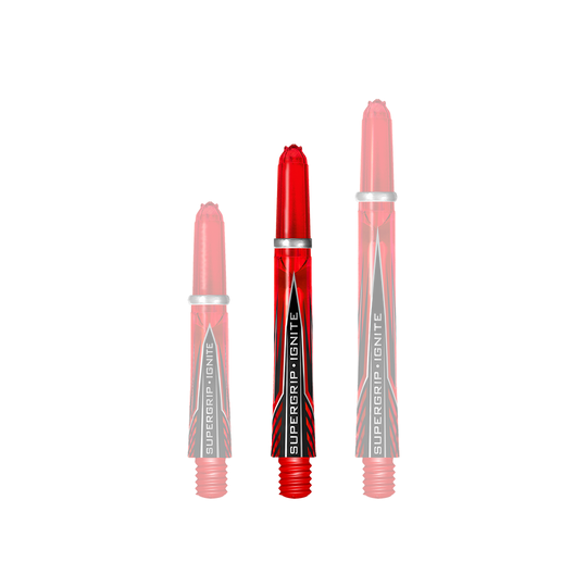 Das Bild zeigt drei rote Harrows Supergrip Ignite Shafts in verschiedenen Längen. Die Shafts haben ein auffälliges Design mit schwarzen und silbernen Akzenten.