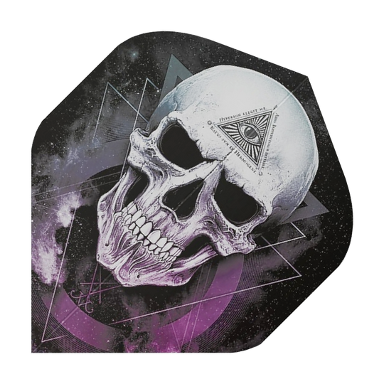 ALC22_Alchemy_The_Void_Standard_Flights_1 Das Bild zeigt ein Dart-Flight mit einem großen Totenkopf und mystischen Symbolen. Im Hintergrund sind violette und schwarze geometrische Muster zu sehen.