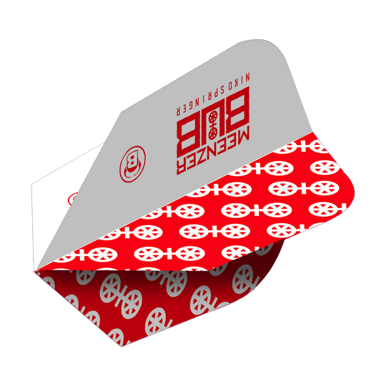 Bulls X-Powerflite Niko Springer XXL B-Standard Flights Das Bild zeigt ein Bulls X-Powerflite Niko Springer XXL B-Standard Flight für Dartpfeile. Das Flight ist in Grau und Rot gestaltet und mit auffälligen Mustern sowie dem Namen des Spielers bedruckt.