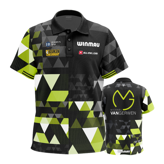 Das Bild stellt das Winmau Michael Van Gerwen Fan-Edition Poloshirt dar. Es ist ein spezielles Fan-Shirt im Stil von Michael Van Gerwen.