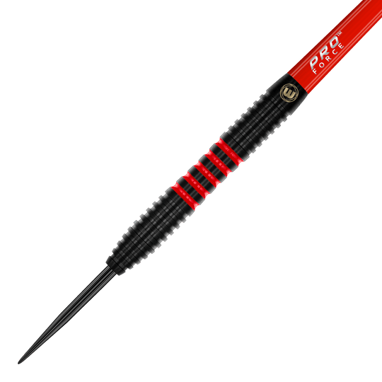 Stalowe lotki Winmau Joe Cullen 85 Pro-Series Auf dem Bild ist ein Winmau Joe Cullen 85 Pro-Series Steeldart zu sehen. Der Dartpfeil hat ein schwarzes Design mit roten Akzenten und einer feinen Griffstruktur.