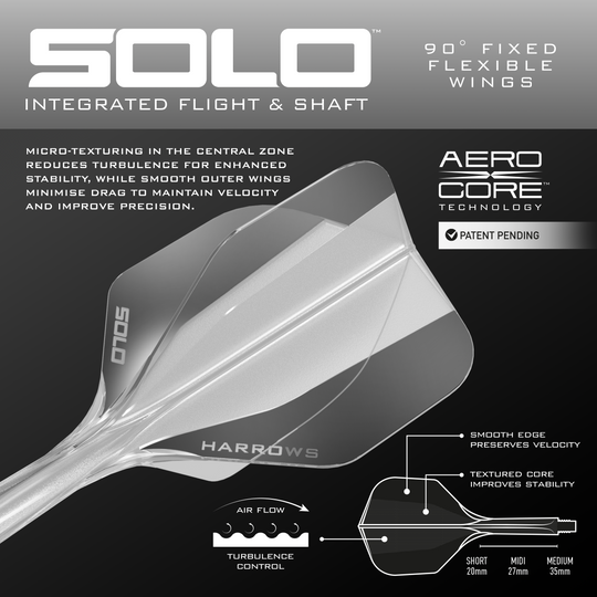 Gezeigt wird das Harrows Solo No6 Flight-Shaft-System, hier in der Ausführung Clear. Das Produkt ist vollständig dargestellt.
