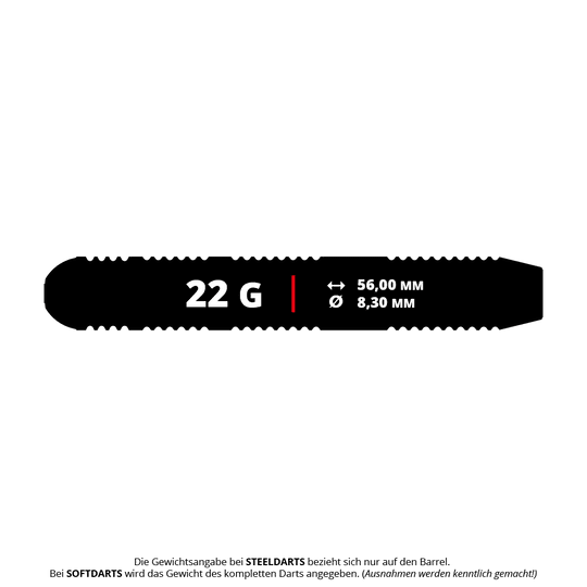 Lotki Target Josh Rock Brass Steel Darts - 22g Das Bild zeigt die Maße des Produkts "Target Josh Rock Brass Steeldarts - 22g". Der Dart wiegt 22 Gramm, ist 56,00 mm lang und hat einen Durchmesser von 8,30 mm.