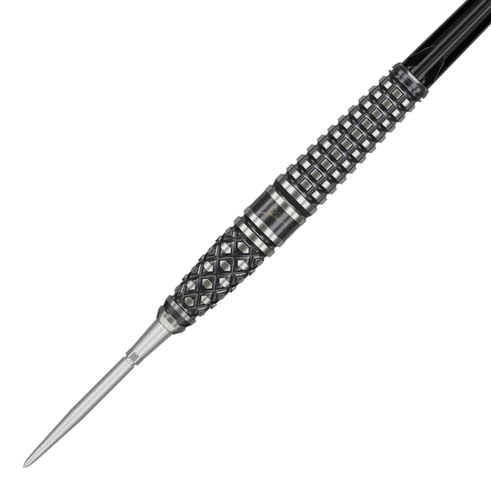 Target Japan Paul Lim The Legend GEN8 Swiss Point Steeldarts - 24g Das Bild zeigt einen Target Japan Paul Lim The Legend GEN8 Swiss Point Steeldart mit 24g Gewicht. Der Dart hat ein detailreiches, strukturiertes Griffdesign in Schwarz und Silber.