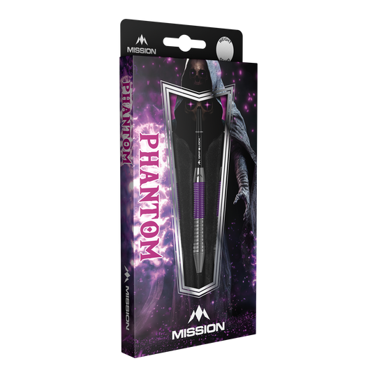 Lotki Mission Phantom Brass Steel – 22 g Die Abbildung zeigt die Verpackung der "Mission Phantom Brass Steeldarts - 22g". Die Verpackung ist überwiegend lila und schwarz gestaltet und zeigt einen Dartpfeil sowie eine geheimnisvolle, schattenhafte Figur im Hintergrund.