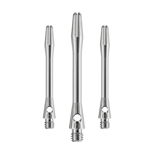 Das Bild zeigt drei silberne Harrows Keramic Shafts in Gun Metal Farbe. Sie sind Dartschäfte in unterschiedlichen Längen.
