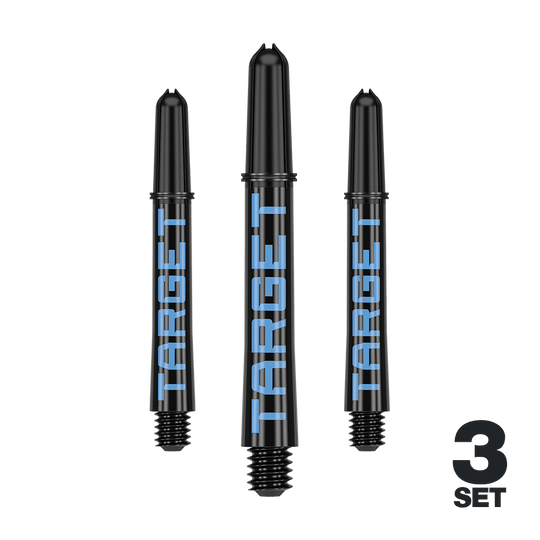 Das Bild zeigt drei schwarze Dartschäfte mit blauer Aufschrift "TARGET". Unten rechts steht "3 SET", was auf ein Set aus drei Stück hinweist.